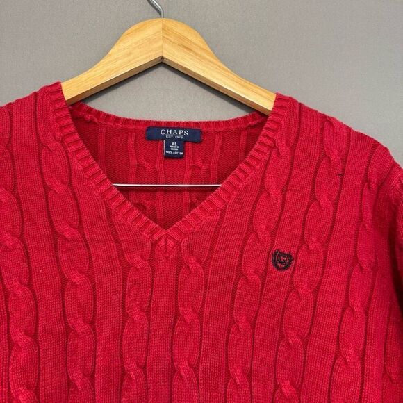Chaps Ralph Lauren Women’s Red V-Neck Cable Knit Sweater Size XL 100% Cotton - Picture 2 of 8